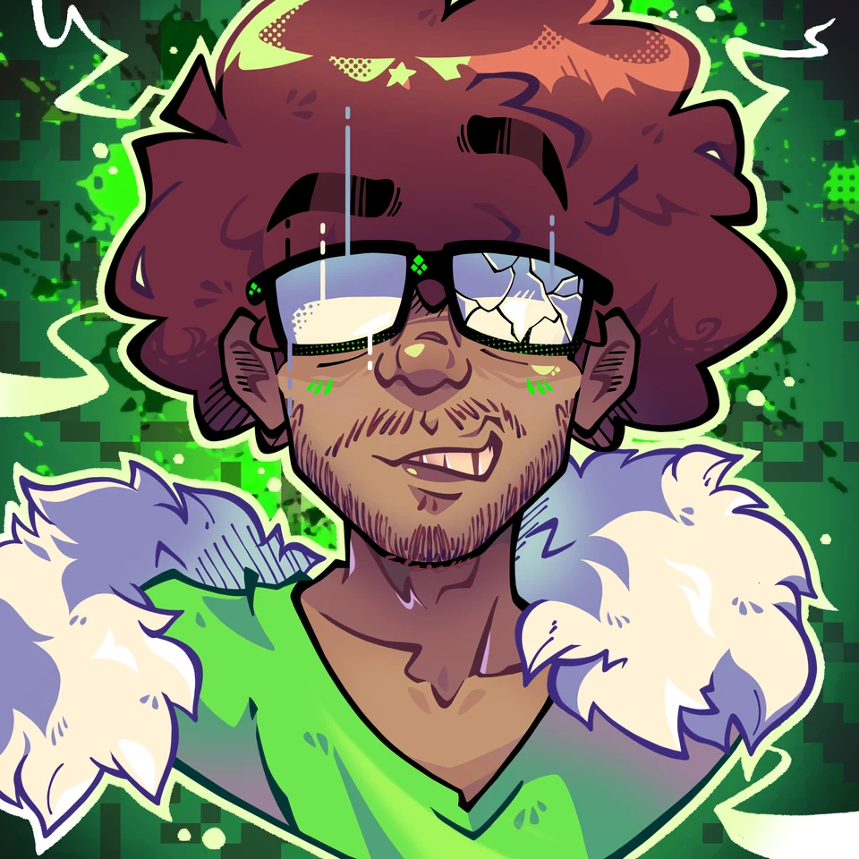 Arte original Vsilva Normal: personagem de cabelo vinho, óculos e roupa verde.